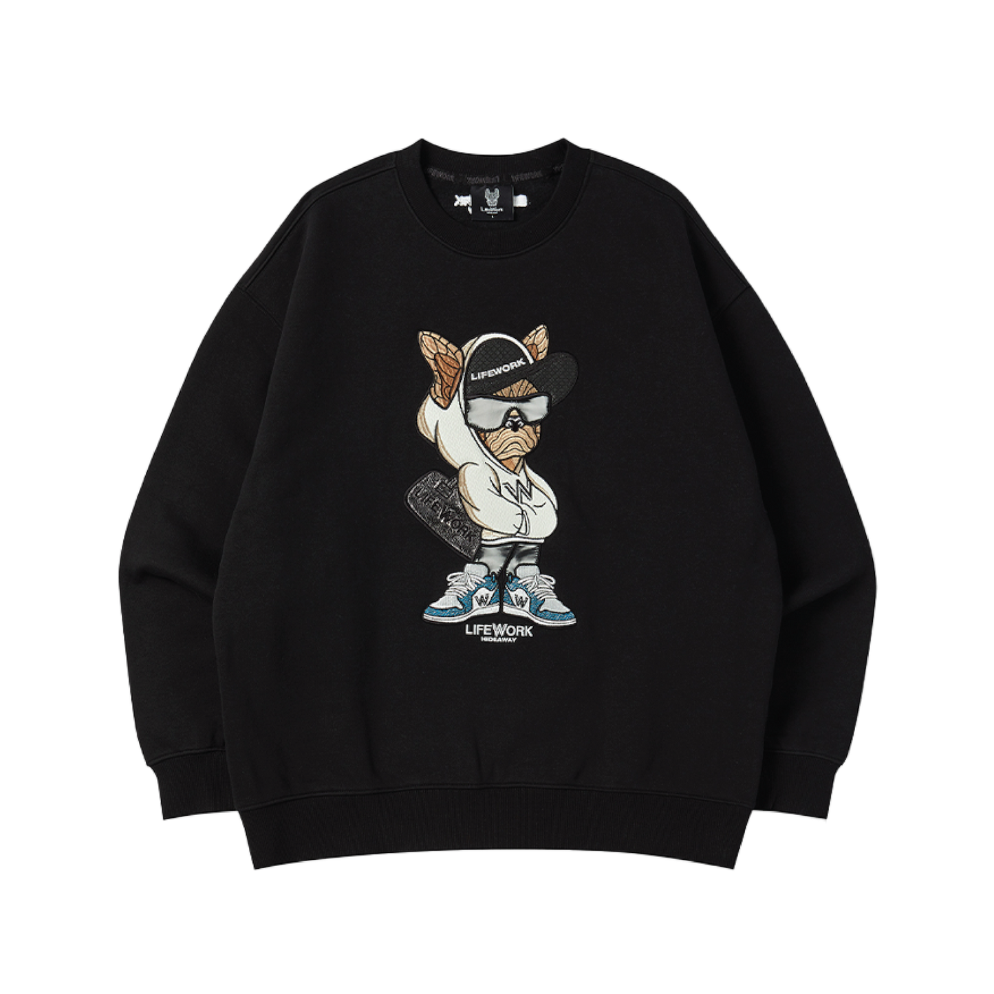 LifeWork | Hooded Hipdog Applique Man To Man Sweater Black